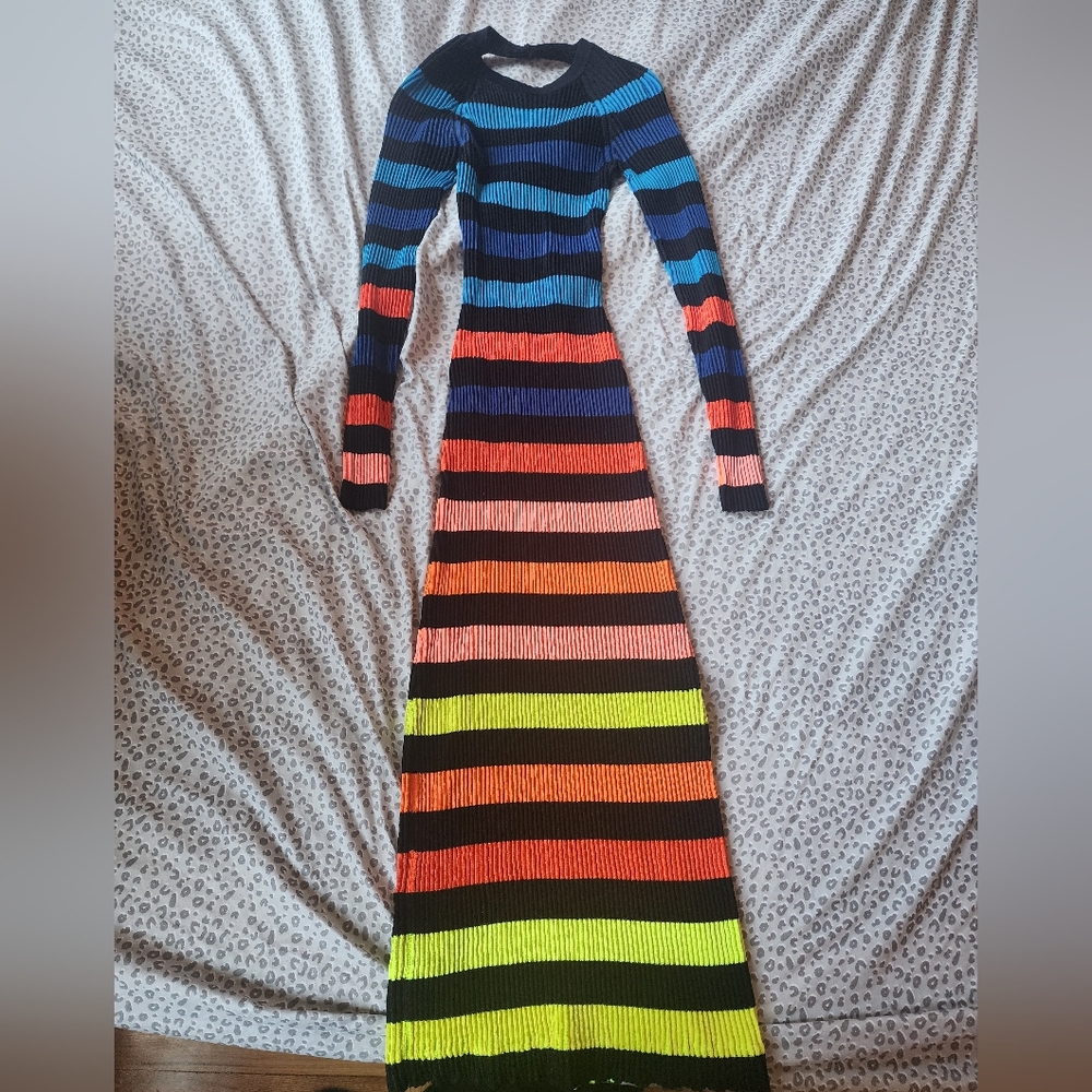 Christopher John Rogers Striped Knit Sweater Maxi Neon Rainbow Dress 007